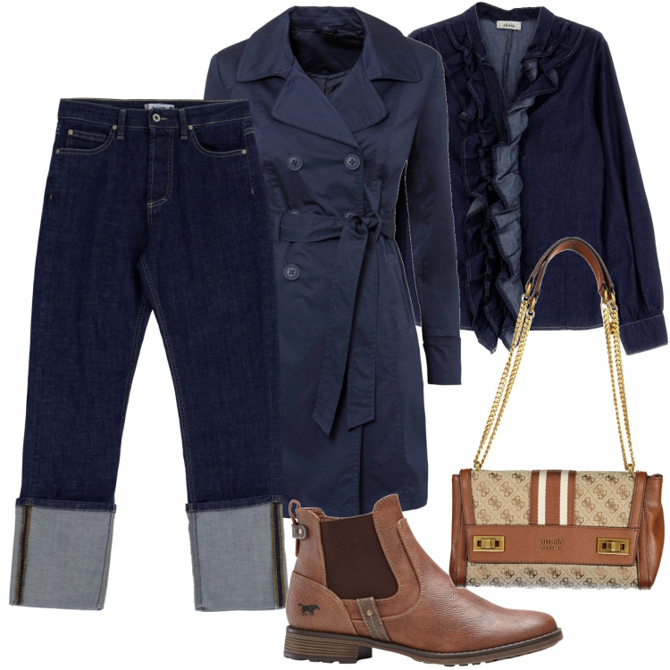 Outfit donna - Casual-rilassato lunedì. Stile Casual per Ufficio. Abbinamento con trench, stivaletti chelsea, jeans slim fit, camicie, borse a spalla.