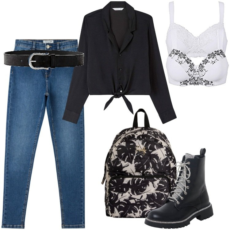 Outfit donna - Total look #1839306. Stile Vintage retrò per Tutti i giorni. Abbinamento con cinture, reggiseni, camicie, jeans skinny, anfibi, zaini.