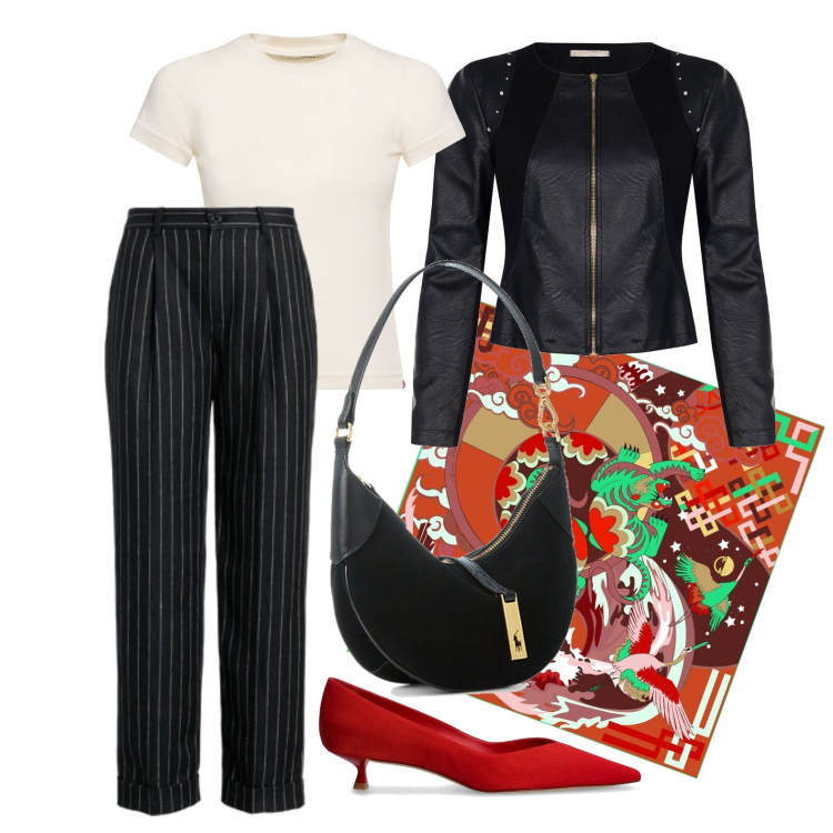 Outfit donna - Ghost outfitter - marzo. Stile Casual chic per Tutti i giorni. Abbinamento con blazer, borse a spalla, pantaloni, foulard, décolleté, t-shirt.
