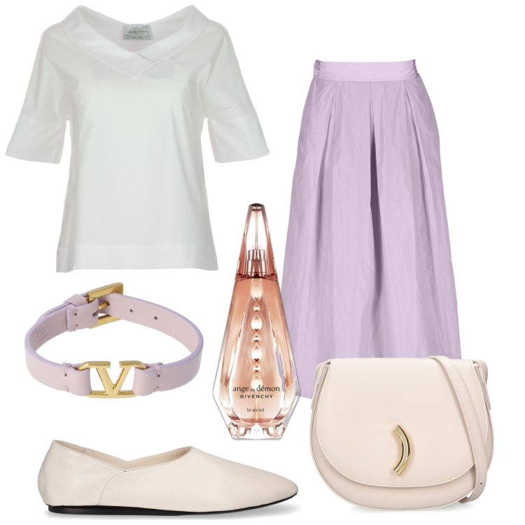 Outfit donna - Delicata. Stile Bon Ton per Tutti i giorni. Abbinamento con profumi, gonne, bluse, ballerine, braccialetti, borse a spalla.