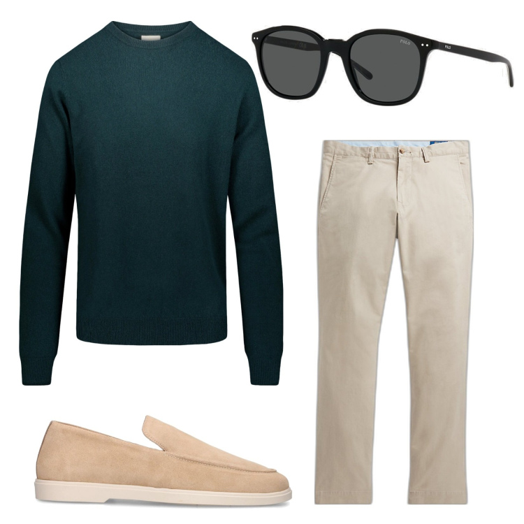 Outfit uomo - Base. Stile Business/Elegante per Tutti i giorni. Abbinamento con pantaloni, occhiali da sole, maglieria, scarpe stringate.