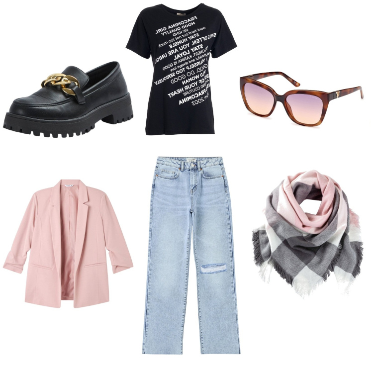Outfit donna - Urban Romantic. Stile Urban per Tutti i giorni. Abbinamento con foulard, mocassini, blazer, jeans strappati, t-shirt, occhiali da sole.