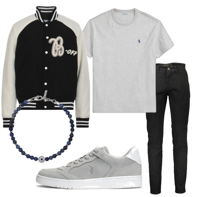 Outfit uomo - Una serata con gli amici. Stile Casual per Serata speciale. Abbinamento con giacche, braccialetti, t-shirt, scarpe sportive, pantaloni.