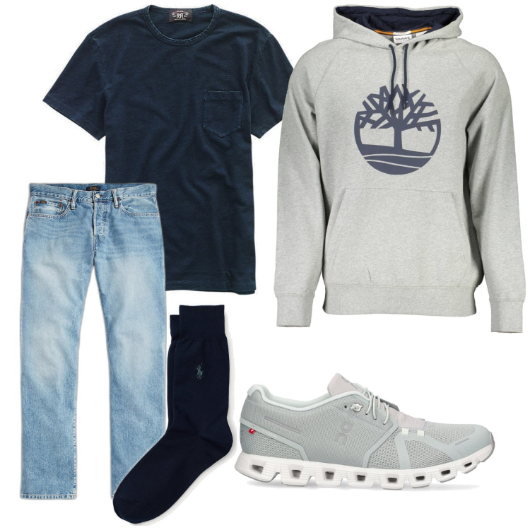 Outfit uomo - Total look #1839368. Stile Urban per Tutti i giorni. Abbinamento con t-shirt, calzini, jeans, felpe con cappuccio, sneakers.