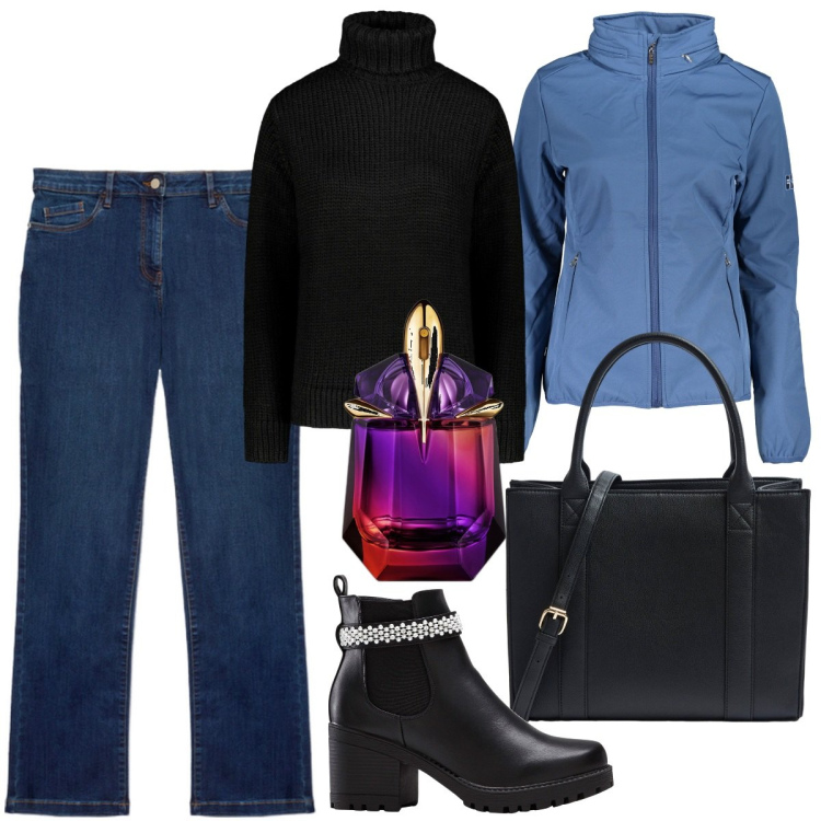 Outfit donna - Basic in ufficio. Stile Basic per Ufficio. Abbinamento con stivaletti, profumi, shopping bag, giacche sportive, jeans dritti, maglieria.