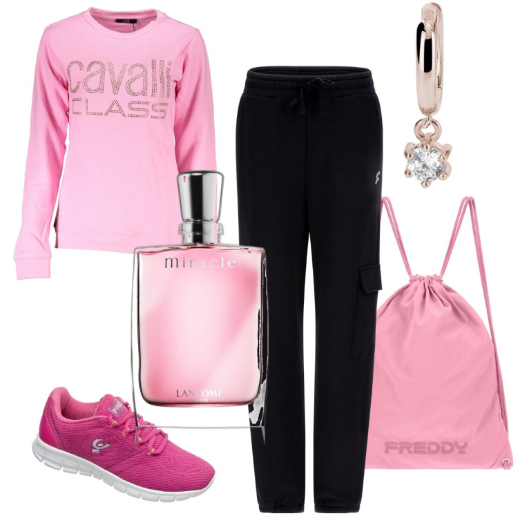 Outfit donna - Easy pink. Stile Sporty chic per Tutti i giorni. Abbinamento con profumi, orecchini, pantaloni cargo, sneakers, zaini, felpe.