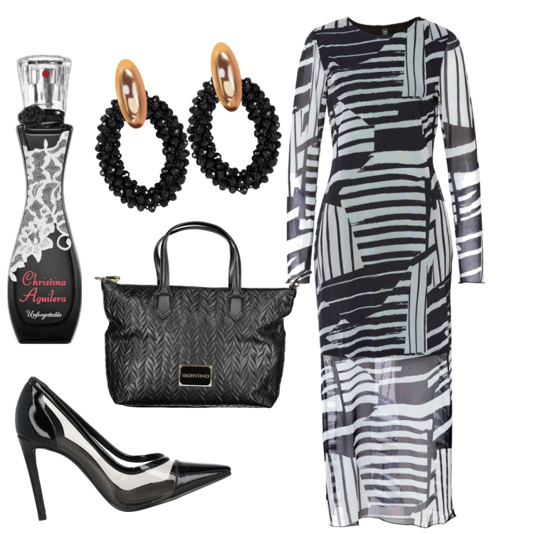 Outfit donna - Total look #1839427. Stile Chic per Serata fuori. Abbinamento con vestiti, orecchini, décolleté, profumi, pochette.
