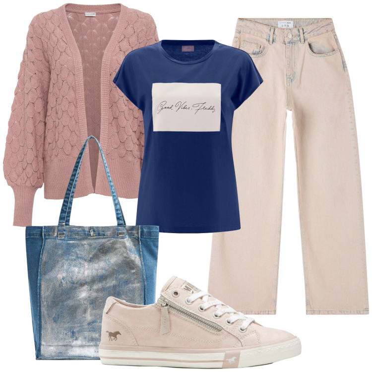 Outfit donna - Total look #1839435. Stile Basic per Tutti i giorni. Abbinamento con cardigans, sneakers, jeans, shopping bag, t-shirt.