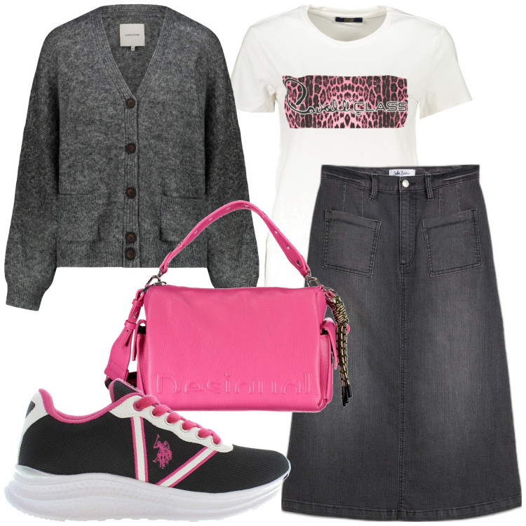 Outfit donna - Total look #1839440. Stile Basic per Tutti i giorni. Abbinamento con gonne longuette, cardigans, t-shirt, scarpe sportive, borse a spalla.