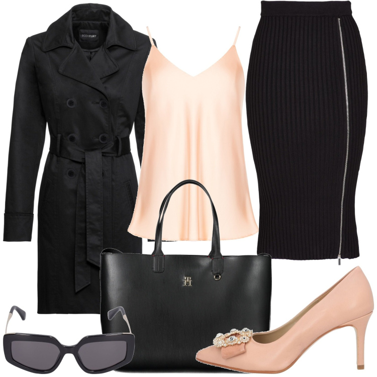 Outfit donna - Total black illuminato dal Peach fuzz. Stile Casual chic per Ufficio. Abbinamento con trench, gonne longuette, décolleté, top, occhiali da sole, borse a spalla.