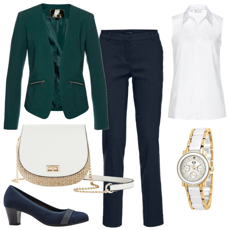 Outfit donna - Elegante in ufficio. Stile Mannish per Ufficio. Abbinamento con pantaloni, blazer, décolleté, borse a tracolla, camicie, orologi.