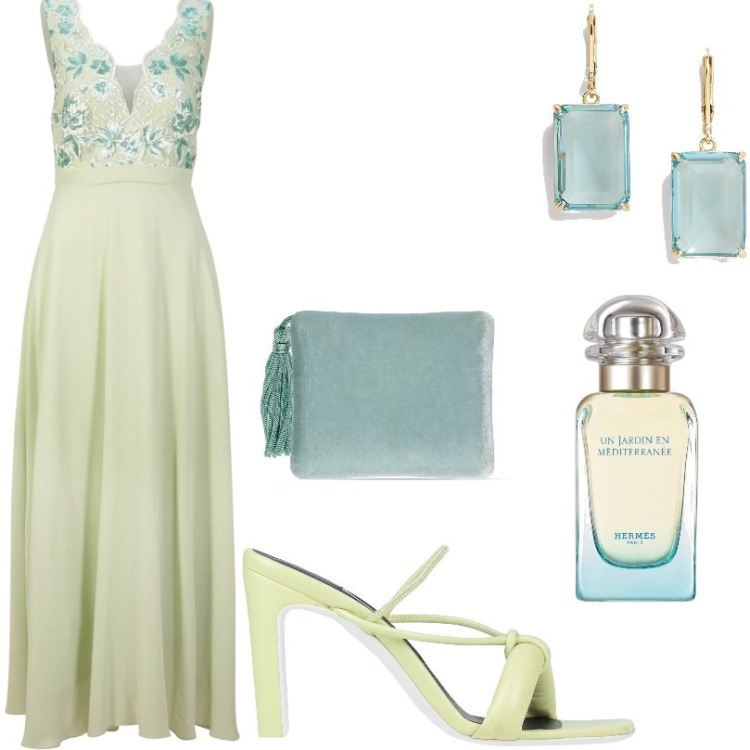 Outfit donna - Un Jardin en Méditerranée. Stile Glamour per Cerimonia. Abbinamento con vestiti, sandali in pelle, profumi, orecchini, pochette.