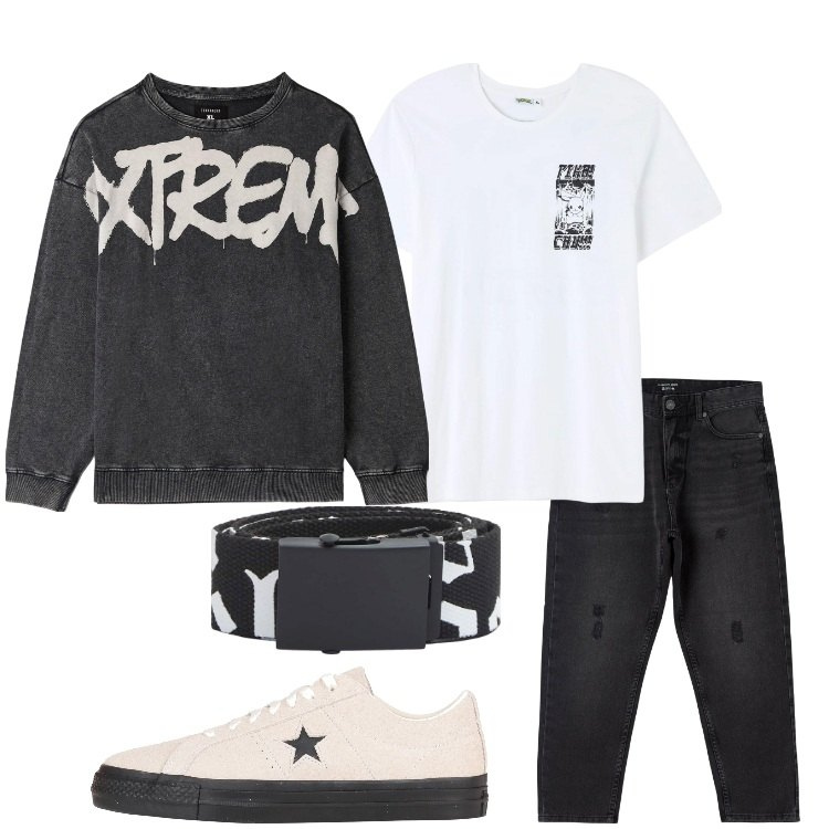 Outfit uomo - Una serata con gli amici. Stile Casual per Serata speciale. Abbinamento con sneakers, t-shirt, jeans strappati, felpe, cinture.