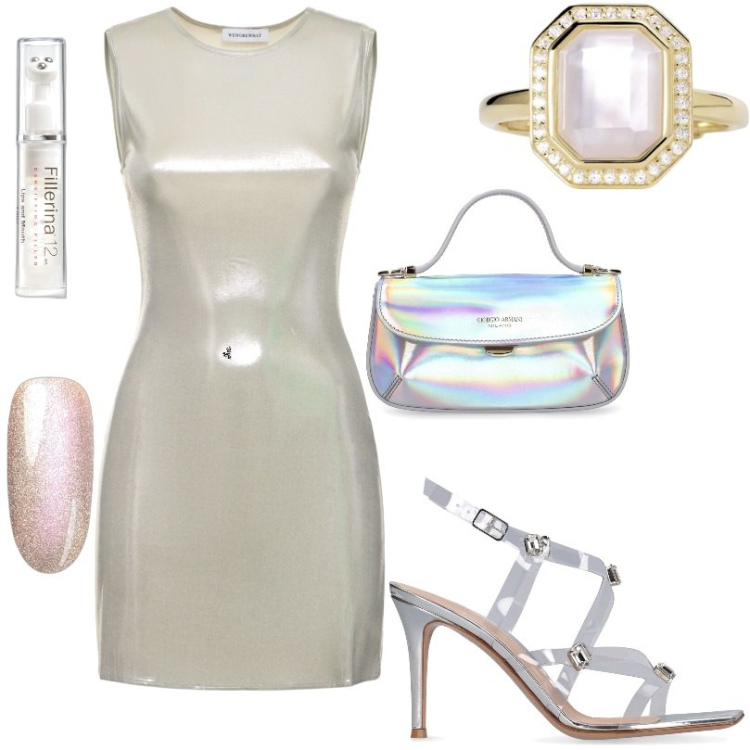 Outfit donna - Sandali in plexi con macro cristalli. Stile Trendy per Serata fuori. Abbinamento con matite labbra, smalti, anelli, vestiti senza maniche, borse a mano, sandali in pelle.