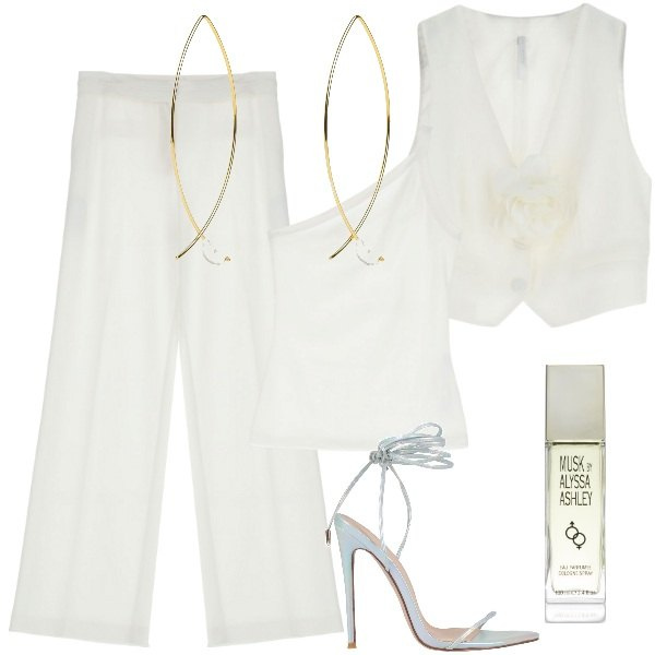 Outfit donna - Cerimonia civile. Stile Bon Ton per Cerimonia. Abbinamento con orecchini, sandali col tacco, profumi, pantaloni, gilet, top.