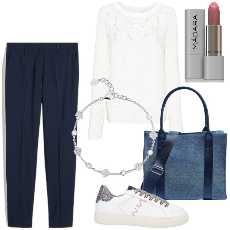 Outfit donna - Elegante basic in primavera. Stile Basic per Tutti i giorni. Abbinamento con pantaloni, maglieria, sneakers, rossetti, shopping bag, braccialetti.