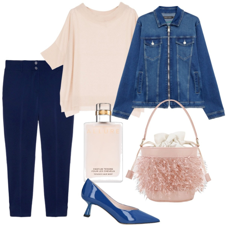 Outfit donna - Felice in primavera. Stile Casual chic per Tutti i giorni. Abbinamento con décolleté, profumi, maglieria, borse a secchiello, blazer, pantaloni.