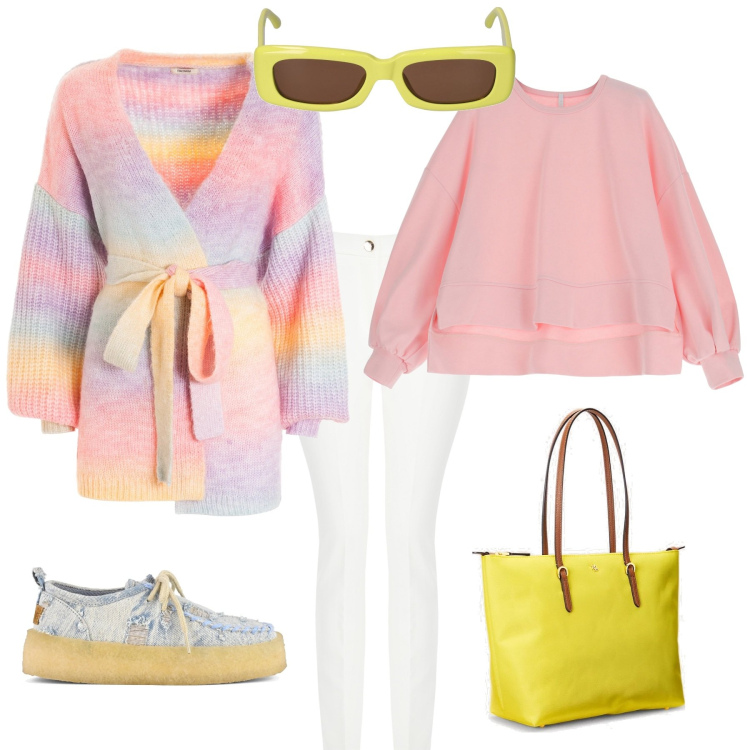 Outfit donna - Casual chic week end al mare. Stile Casual chic per Mare. Abbinamento con pantaloni skinny, cardigans, felpe, borse tote, mocassini, occhiali da sole.