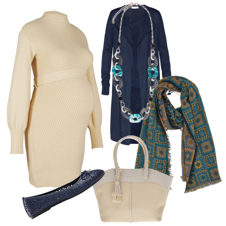 Outfit donna - Blu e panna con il pancione. Stile Minimal per Tutti i giorni. Abbinamento con cardigans, vestiti, ballerine, collane, borse a spalla, sciarpe.