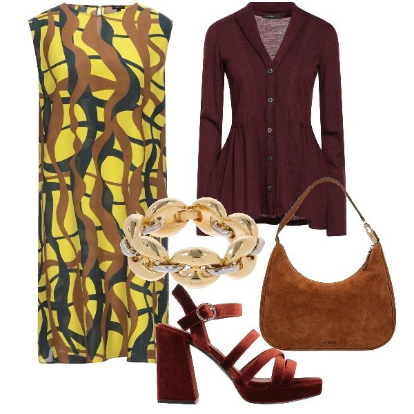 Outfit donna - Vintage. Stile Vintage retrò per Ufficio. Abbinamento con sandali col tacco, vestiti corti, cardigans, braccialetti, borse a spalla.