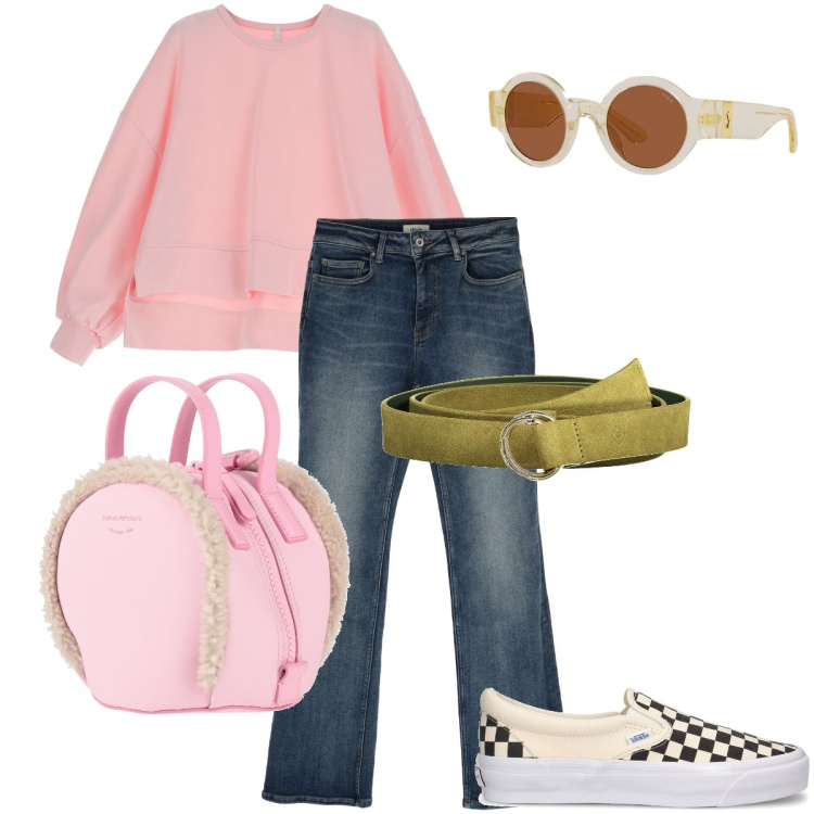 Outfit donna - Zainetto con i bordi peluche. Stile Casual per Tutti i giorni. Abbinamento con zaini, felpe, jeans dritti, occhiali da sole, cinture, sneakers.