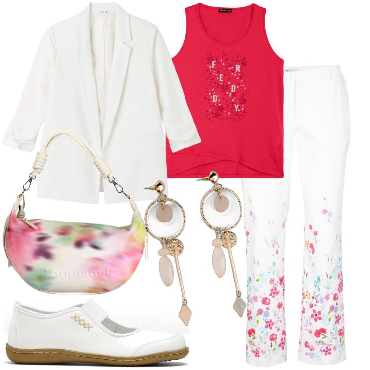 Outfit donna - Buanco e rosso. Stile Casual per Tutti i giorni. Abbinamento con ballerine, orecchini, pantaloni, blazer, canottiere, borse a spalla.