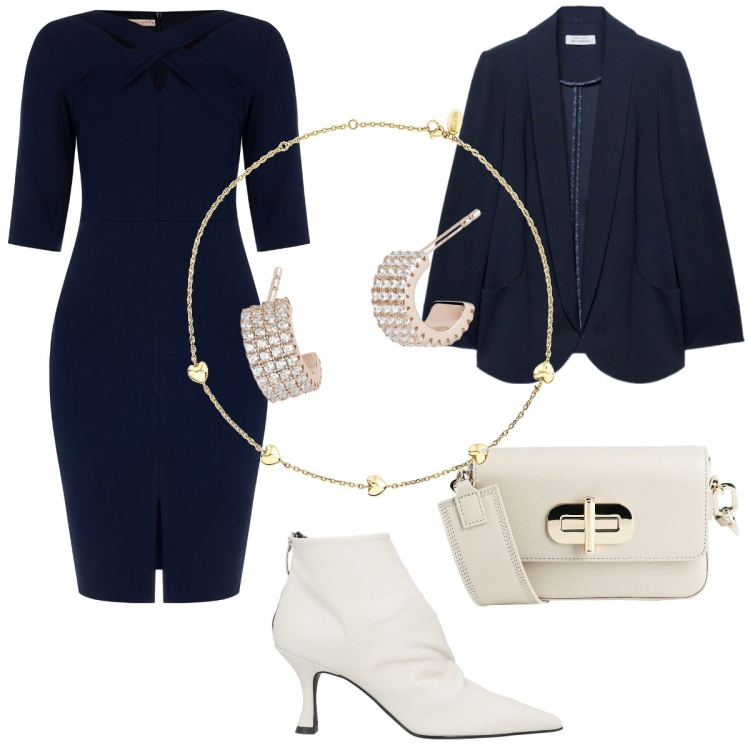 Outfit donna - Il tubino curvy con intreccio. Stile Chic per Cerimonia. Abbinamento con stivaletti, borse a spalla, collane, orecchini, vestiti a tubino, blazer.