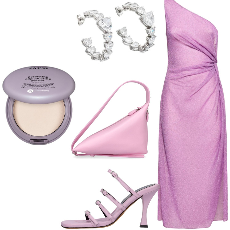 Outfit donna - Candy Pink. Stile Sexy per Tutti i giorni. Abbinamento con orecchini, ciprie, vestiti midi/longuette, sandali in pelle, borse a spalla.