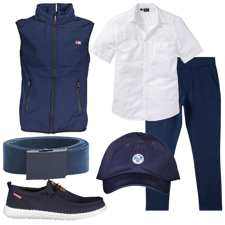 Outfit uomo - Il gilet blu con cappello. Stile Trendy per Tutti i giorni. Abbinamento con camicie a manica corta, pantaloni chino, cinture, cappelli con visiera, scarpe stringate, giacche.