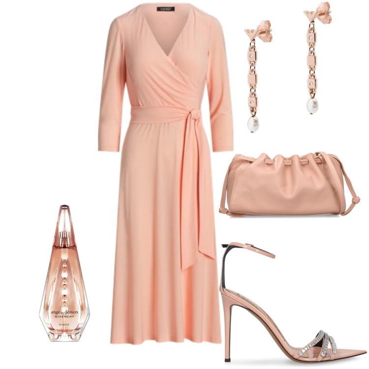 Outfit donna - Dayana/peach fuzz colore dell\'anno. Stile Chic per Cerimonia. Abbinamento con orecchini, profumi, vestiti, borse a spalla, sandali col tacco.
