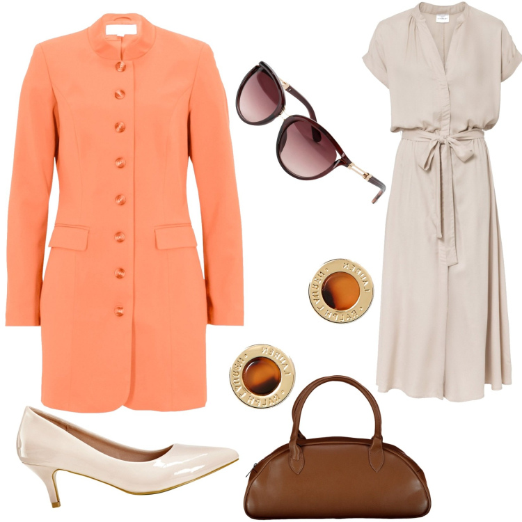 Outfit donna - Idea su come vestirsi a Pasqua. Stile Bon Ton per Cerimonia. Abbinamento con vestiti chemisier, occhiali da sole, blazer, décolleté, orecchini, borse a spalla.