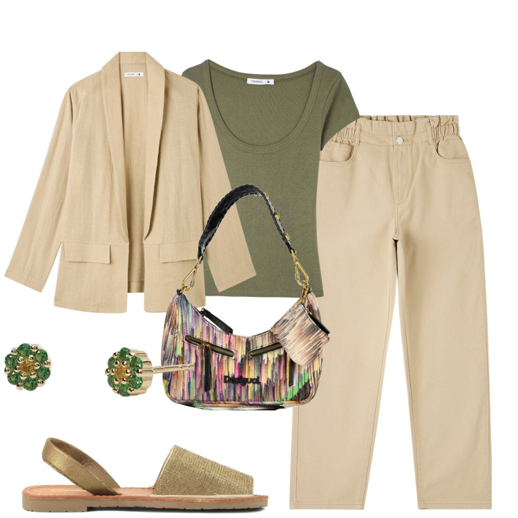 Outfit donna - Toni neutri. Stile Casual chic per Tutti i giorni. Abbinamento con orecchini, pantaloni, t-shirt, blazer, sandali in pelle, borse a spalla.