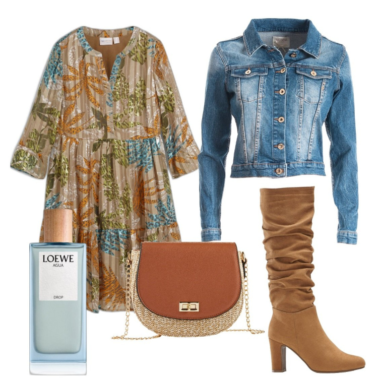Outfit donna - Un abito fresco e colorato. Stile Boho per Tutti i giorni. Abbinamento con vestiti, stivali, borse a tracolla, profumi, blazer.