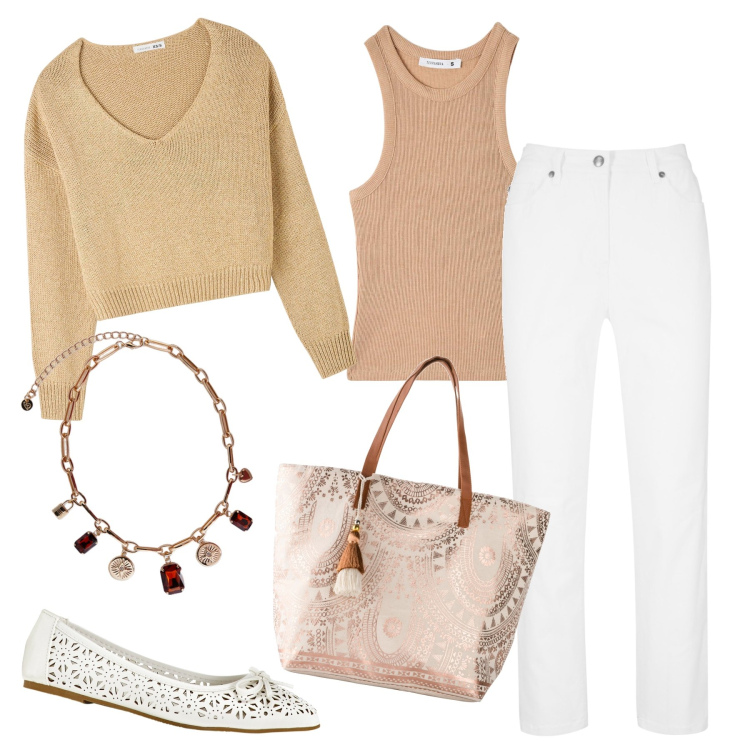 Outfit donna - Il maglioncino beige. Stile Casual per Tutti i giorni. Abbinamento con pantaloni, shopping bag, ballerine, maglieria, canottiere, collane.