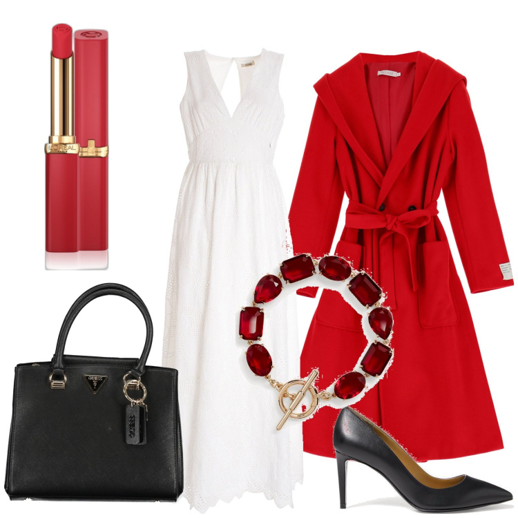 Outfit donna - Il cappotto rosso. Stile Chic per Serata fuori. Abbinamento con rossetti, vestiti lunghi, cappotti, décolleté, braccialetti, collane.