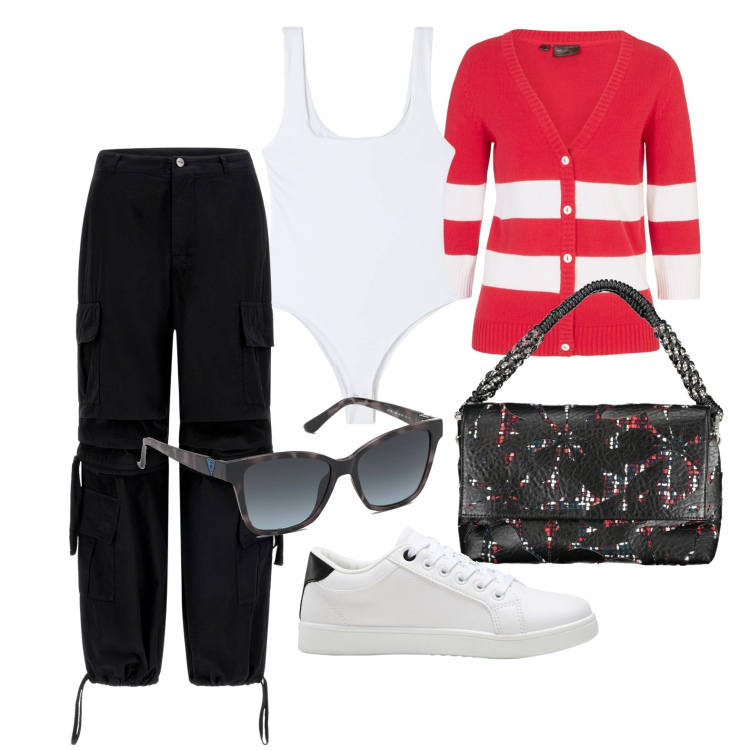 Outfit donna - Ghost outfitter - marzo. Stile Casual per Tutti i giorni. Abbinamento con cardigans, sneakers, body, pantaloni cargo, borse a spalla, occhiali da sole.