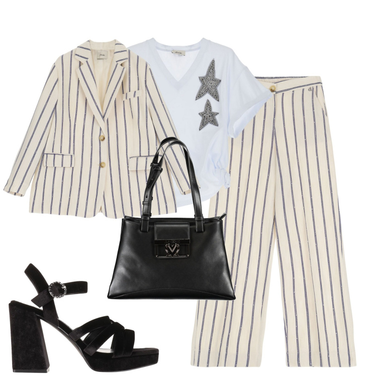 Outfit donna - Stelle e strisce. Stile Glamour per Tutti i giorni. Abbinamento con sandali col tacco, pantaloni, blazer, t-shirt, borse a spalla.