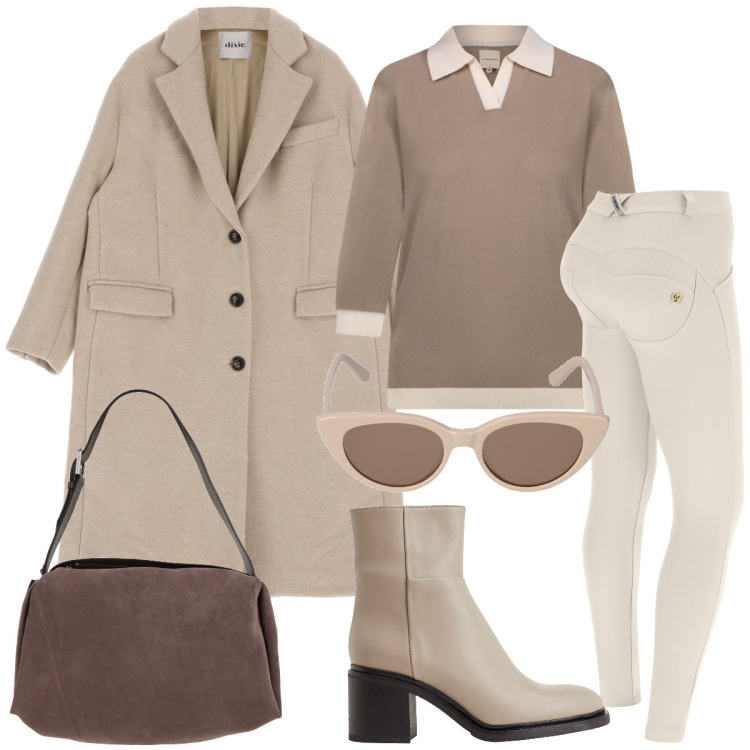 Outfit donna - Primavera in beige. Stile Casual chic per Tutti i giorni. Abbinamento con stivaletti, borse a spalla, pantaloni skinny, cappotti, polo, occhiali da sole.
