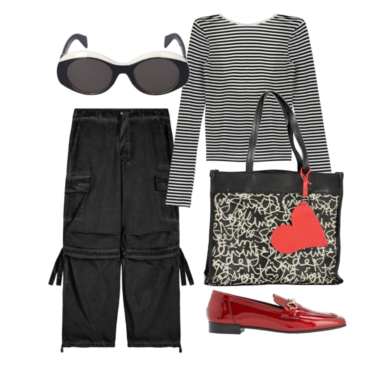 Outfit donna - Ghost outfitter - marzo. Stile Trendy per Tutti i giorni. Abbinamento con mocassini, t-shirt, pantaloni cargo, occhiali da sole, borse a spalla.