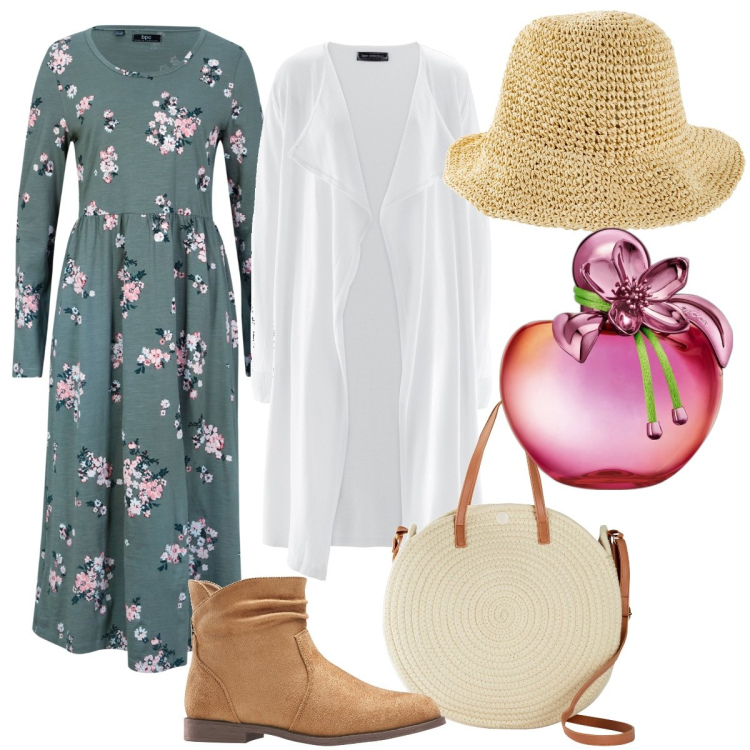 Outfit donna - Total look #1839737. Stile Boho per Tutti i giorni. Abbinamento con vestiti lunghi, cardigans, stivaletti, shopping bag, cappelli, profumi.