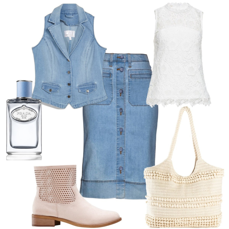 Outfit donna - Total look #1839740. Stile Romantica per Tutti i giorni. Abbinamento con gonne, shopping bag, top, stivaletti, gilet, profumi.