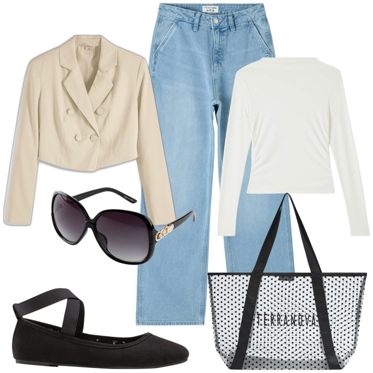 Outfit donna - My quiet casual. Stile Urban per Tutti i giorni. Abbinamento con occhiali da sole, ballerine, blazer, t-shirt, jeans, shopping bag.