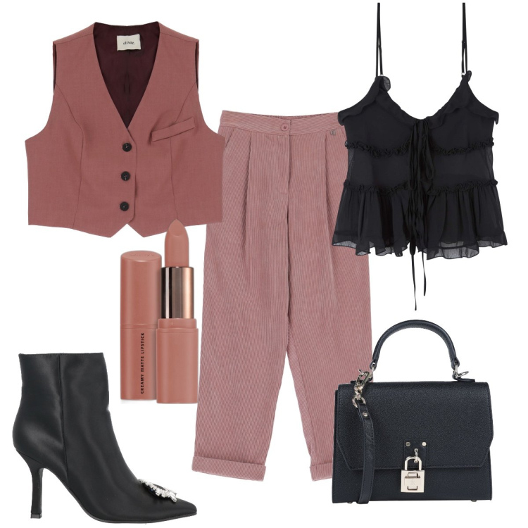 Outfit donna - Total look #1839749. Stile Trendy per Serata fuori. Abbinamento con borse a mano, stivaletti, rossetti, top, gilet, pantaloni capri.
