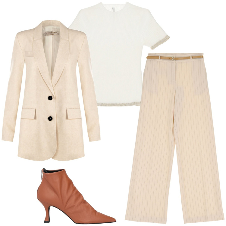Outfit donna - Outfit beige per l\'ufficio. Stile Casual per Ufficio. Abbinamento con stivaletti, blazer, maglieria, pantaloni.
