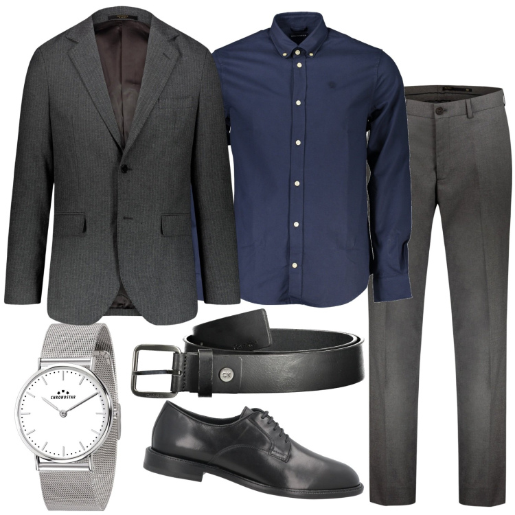 Outfit uomo - In ottima compagnia. Stile Business/Elegante per Serata speciale. Abbinamento con scarpe stringate, orologi, giacche, pantaloni, camicie, cinture.