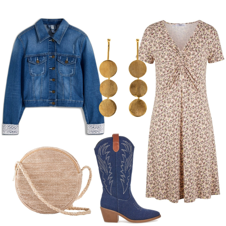 Outfit donna - Country Blue. Stile Casual per Tutti i giorni. Abbinamento con vestiti midi/longuette, blazer, borse a tracolla, stivali, orecchini.