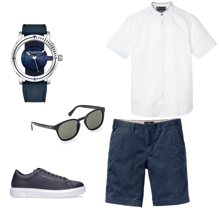 Outfit uomo - Casual blue. Stile Casual per Tutti i giorni. Abbinamento con camicie a manica corta, bermuda, orologi, sneakers, occhiali da sole.