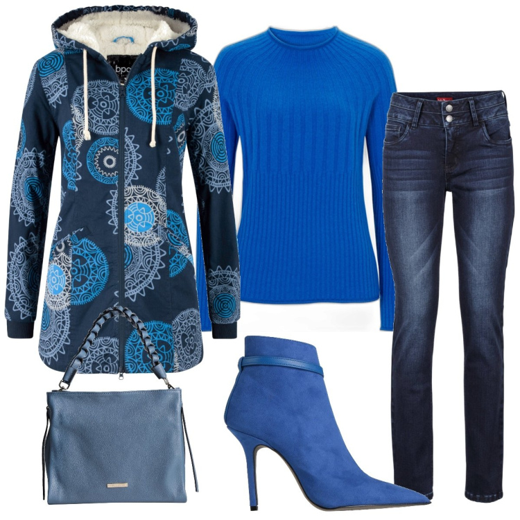 Outfit donna - Total look #1839830. Stile Casual chic per Tutti i giorni. Abbinamento con parka, jeans, maglieria, borse a mano, stivaletti.