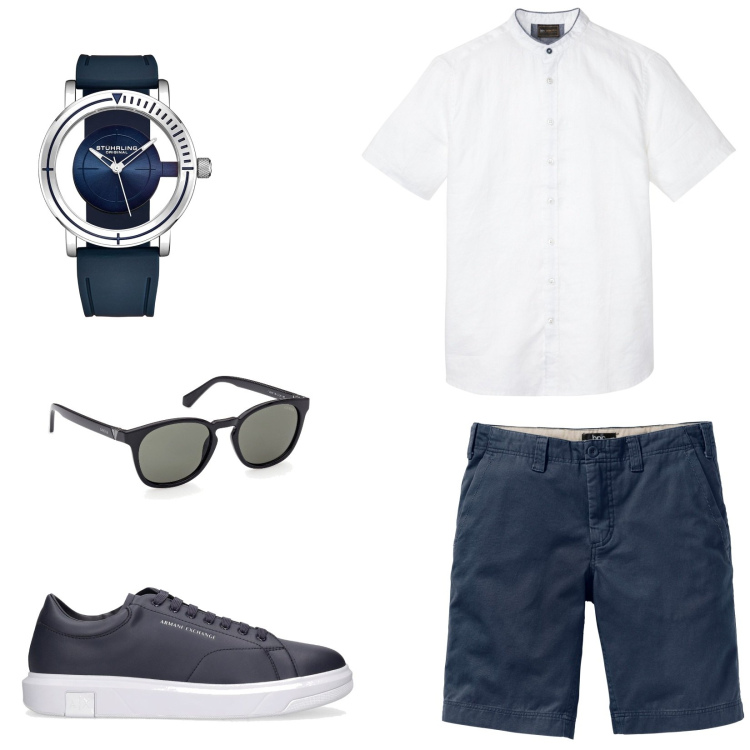 Outfit uomo - Casual blue. Stile Casual Abbinamento con orologi, bermuda, camicie a manica corta, sneakers, occhiali da sole.