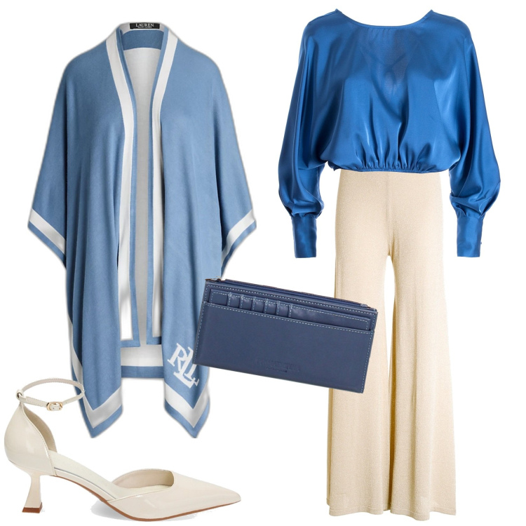 Outfit donna - Blue e beige. Stile Bon Ton per Tutti i giorni. Abbinamento con bluse, pantaloni a palazzo, décolleté, portafogli, cappe.